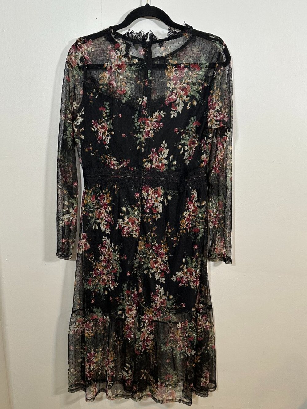 Forever 21 Dress Blk Floral Fairy Lace Mesh Festival Whimsigoth Indie Sheer Sz L - Picture 8 of 12